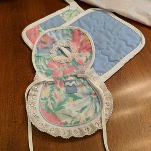 Handcrafted Pot holders and dish soap cozy.